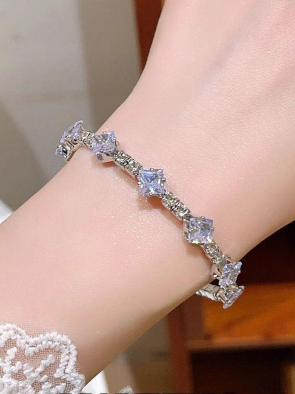 Silver Square Crystal Tennis Bracelet Princess Cut Rhinestone Sparkly Dainty